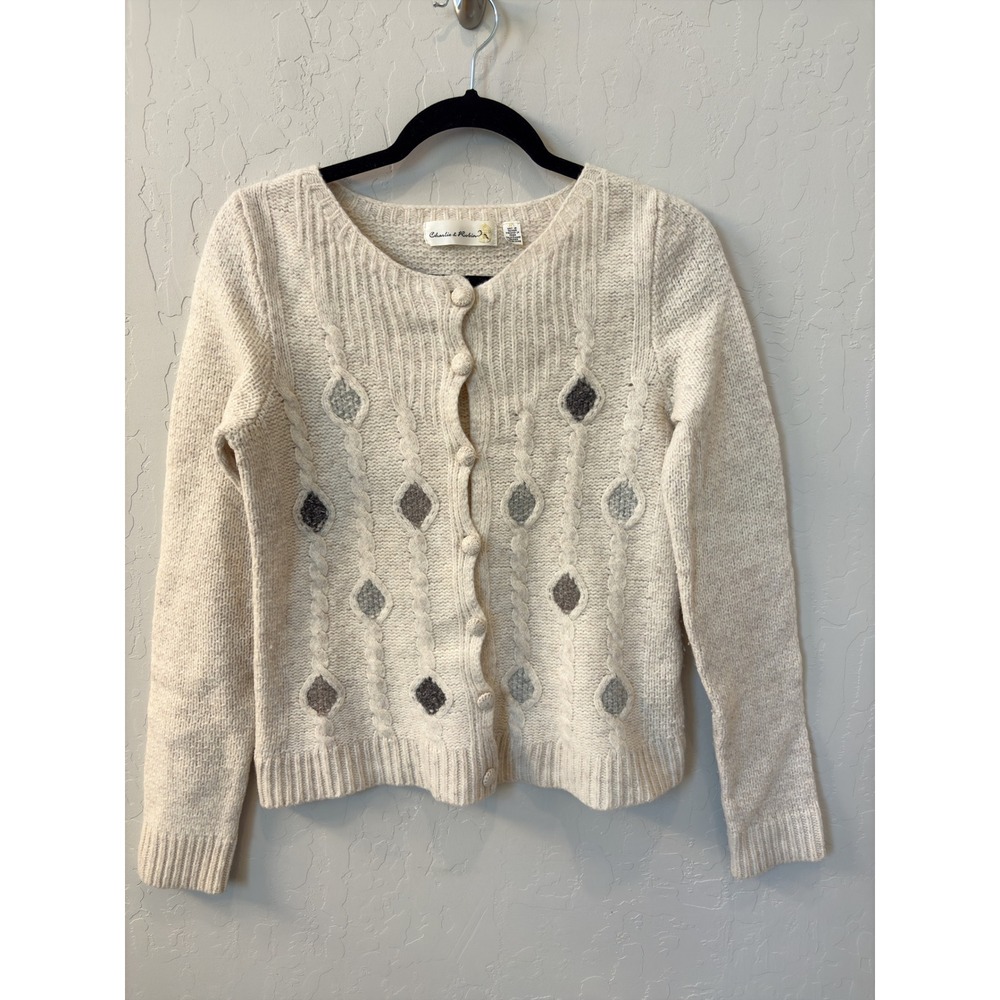 Anthropologie Charlie & Robin Cream Wool Blend Cable‎ Knit Cardigan Sweater M